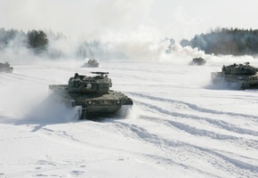 дым, снег, сражение, деревья, Танки, небо