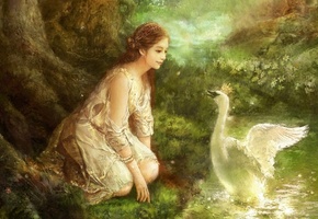 princess, Hyung jun kim, eun нee сhoi, арт, swan, forest, south korea, fantasy, art, flowers