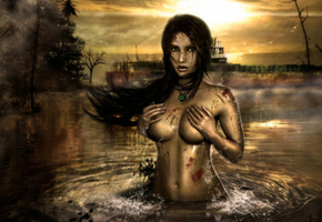 фанарт, туман, девушка, Tomb raider, дождь, кровь, lara croft, вода