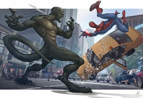 город, The amazing spider-man, ящер, такси, люди, человек-паук