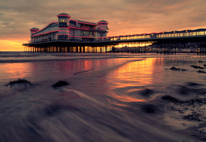 солнце, берег, отель, вода, Море, закат, волны