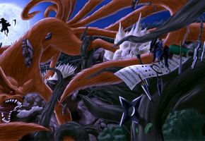 Арт, uchiha madara, senju hashirama, ночь, луна, битва, kyuubi, naruto, vinc3412