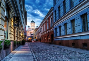 City, Helsinki, Finland, Cathedral, Sunset, Street, Road, Coblestone