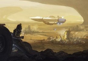 Арт, город, пустыня, песок, мужчина, кофе, транспорт