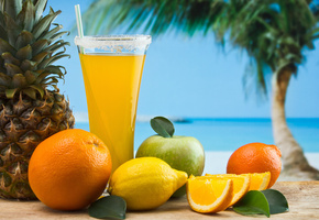 трубочка, Бокал, сок, яблоко, фрукты, ананас, лимон