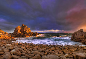 Океан, прибой, берег, небо, камни, закат, вечер, скалы