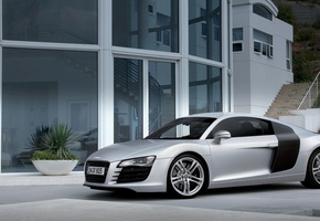 2007, роскошь, r8, гора, белая, серебрситая, здание, Audi, дом