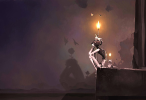 цветок, свечи, огонь, Арт, человек, тени, кошка, бабочки