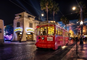 California, USA, Anaheim City, Buena Vista Street, Sreetcar, Tram, Night