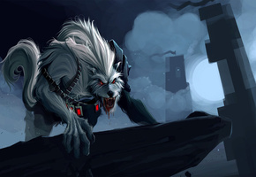 волк, арт, League of legends, луна, скала, пасть, кровь, warwick