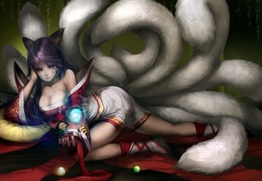 Арт, league of legends, девушка, лежа, уши, ahri, хвосты, youshun