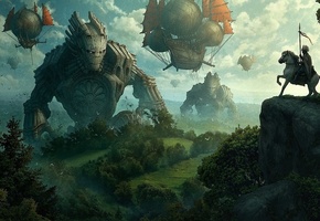 гиганты, конь, Арт, корабли, kerem beyit, скала, всадник