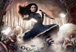 нож, часы, Alice madness returns, механизм, цепи, алиса, кукла
