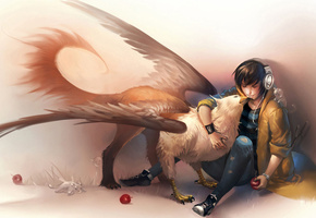 зверьки, яблоки, наушники, парень, грифон, Арт, sakimichan