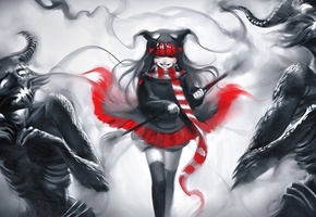 sakimichan, красное, девочка, Арт, монстры, черно-белое