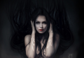 волосы, black, лицо, черные, девушка, узоры, руки, Арт