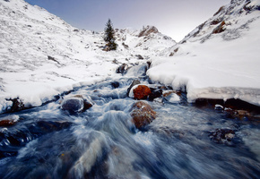 лёд, снег, камни, Природа, скалы, потоки, река