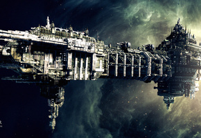 Warhammer 40k animation, coteaz, the lord inquisitor, ship, battle barge, space, nebula