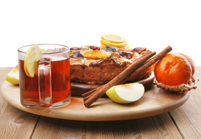 корица, пирог, яблоко, чай, Чашка, апельсин