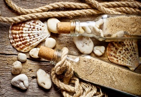 бутылки, доски, камни, Ракушки, песок, пробки