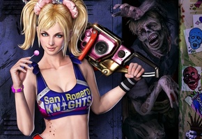девушка, зомби, Lollipop chainsaw, бензопила, шкафчик, леденец