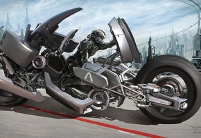 транспорт, mark yang, Арт, робот, мотоцикл, будущее, город