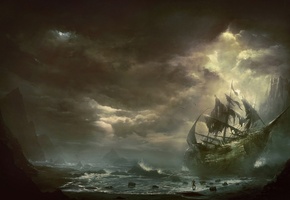 kentaro kanamoto, парусник, горы, море, тучи, корабль, Арт