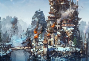 стимпанк, fire, robot, battle, warriors, magic, tower siege, rendering, Steampunk