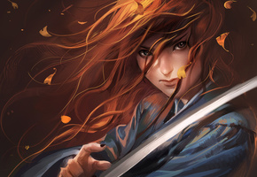 рыжая, самурай, девушка, red haired samurai, sakimichan, меч, Арт