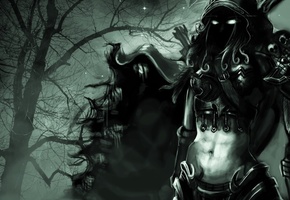 silvanas, эльф, zomg-zomb, капюшон, World of warcraft, арт, дерево, глаза