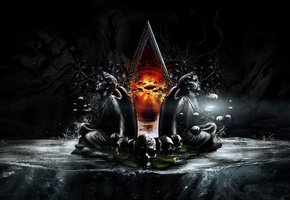 трава, темнота, ветки, статуи, черепа, вода, Desktopography