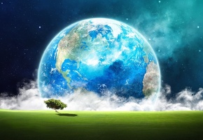 фантастика, трава, планета, дерево, поле, земля, Пейзаж