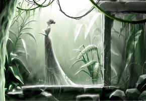 прогулка, дождь, лианы, Девушка, причёска, профиль