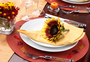 цветы, Подсолнух, салфетка, тарелки, столовые приборы