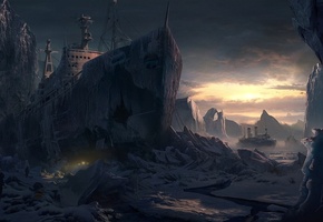 льдины, снег, Арт, gvozdenkoyura, ледник, люди, корабли, холод