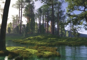 холмы, Арт, лес, пруд, болото, деревья, вода, солнце