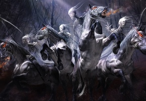 Арт, скелеты, меч, кони, коса, всадники, yayashin, нежить