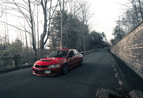 дорога, Mitsubishi lancer evo, митсубиси, лансер, red, парк, тюнинг