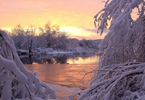 закат, река, снег, Зима