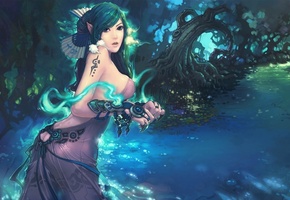 река, девушка, эльф, лес, украшения, вода, магия, Last dynasty