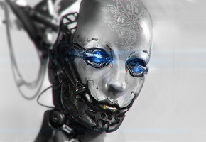 Арт, робот, формулы, голова, андроид, провода