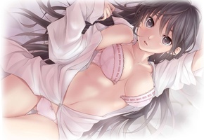 обои, лифчик, черные волосы, белье, девушка, Аниме