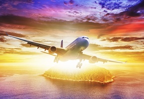 море, Самолёт, небо, облака, полёт, остров, лайнер