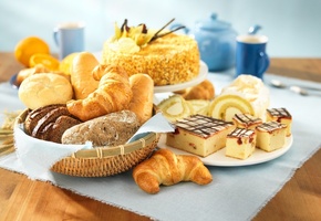 croissants, cake, bread