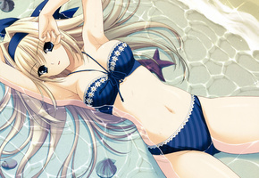 Девушка, морская звезда, купальник, вода, ракушки, лежа