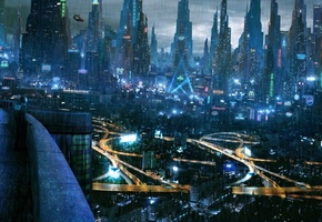 огни, Город, киберпанк, будущее