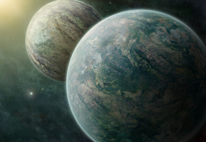 пара, планеты, две, звезды, Космос, туманность, рядом