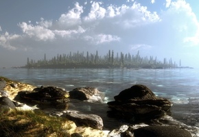 пейзаж, вода, озеро, klontak, деревья, лес, камни, Арт