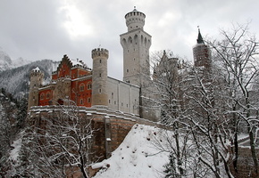 Германия, лес, зима, снег, гора, замок, деревья