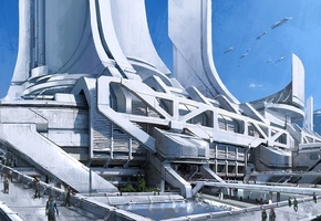 башни, thessia, город, Mass effect 3, concept art, транспорт, горы